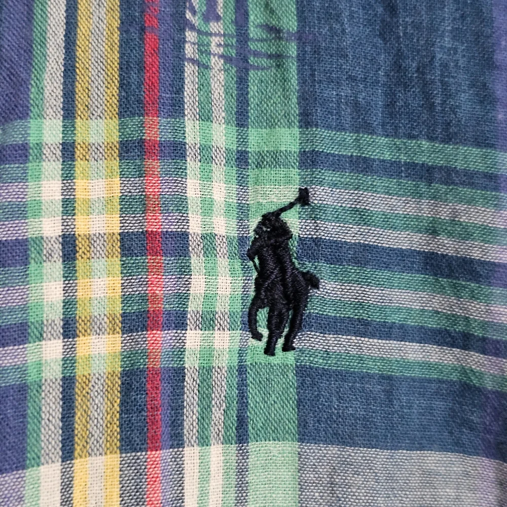 VTG Ralph Lauren Plaid Palms Short Sleeve Button Down Shirt Blue Green Youth XL